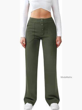 High Waist Straight Leg Work Pants Stretchy Button Front 4 Pockets